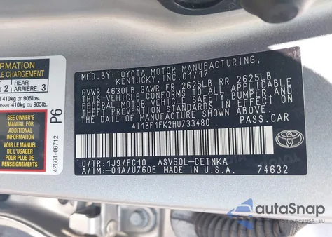 2017 Toyota Camry Le z USA, uszkodzony, nr VIN 4T1BF1FK2HU733480